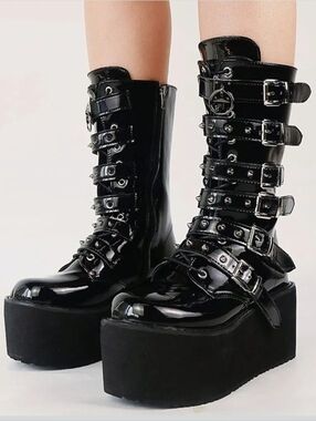 DEMONIA Black Mid-Calf Boots with Hologram Detail Size 6